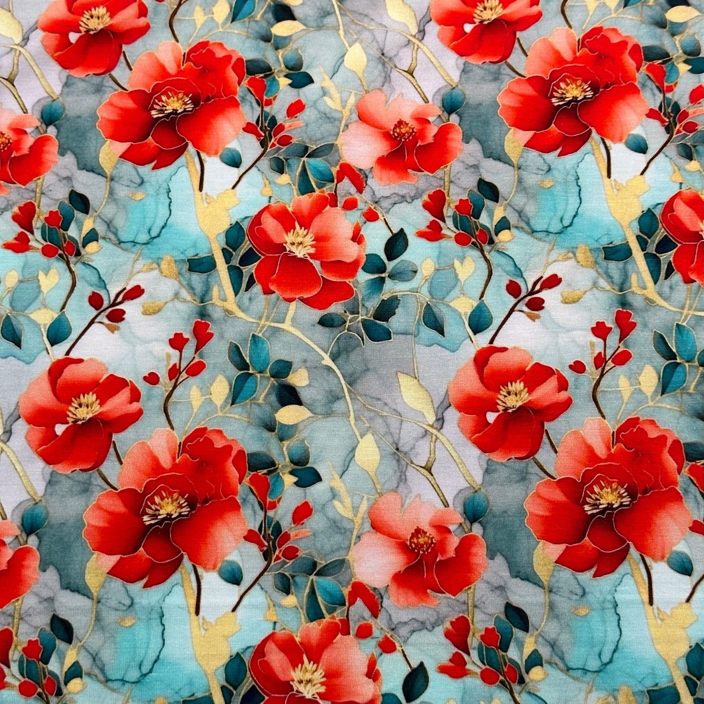 Red Poppies on Mint Bamboo/Spandex Jersey Fabric - Nature's Fabrics