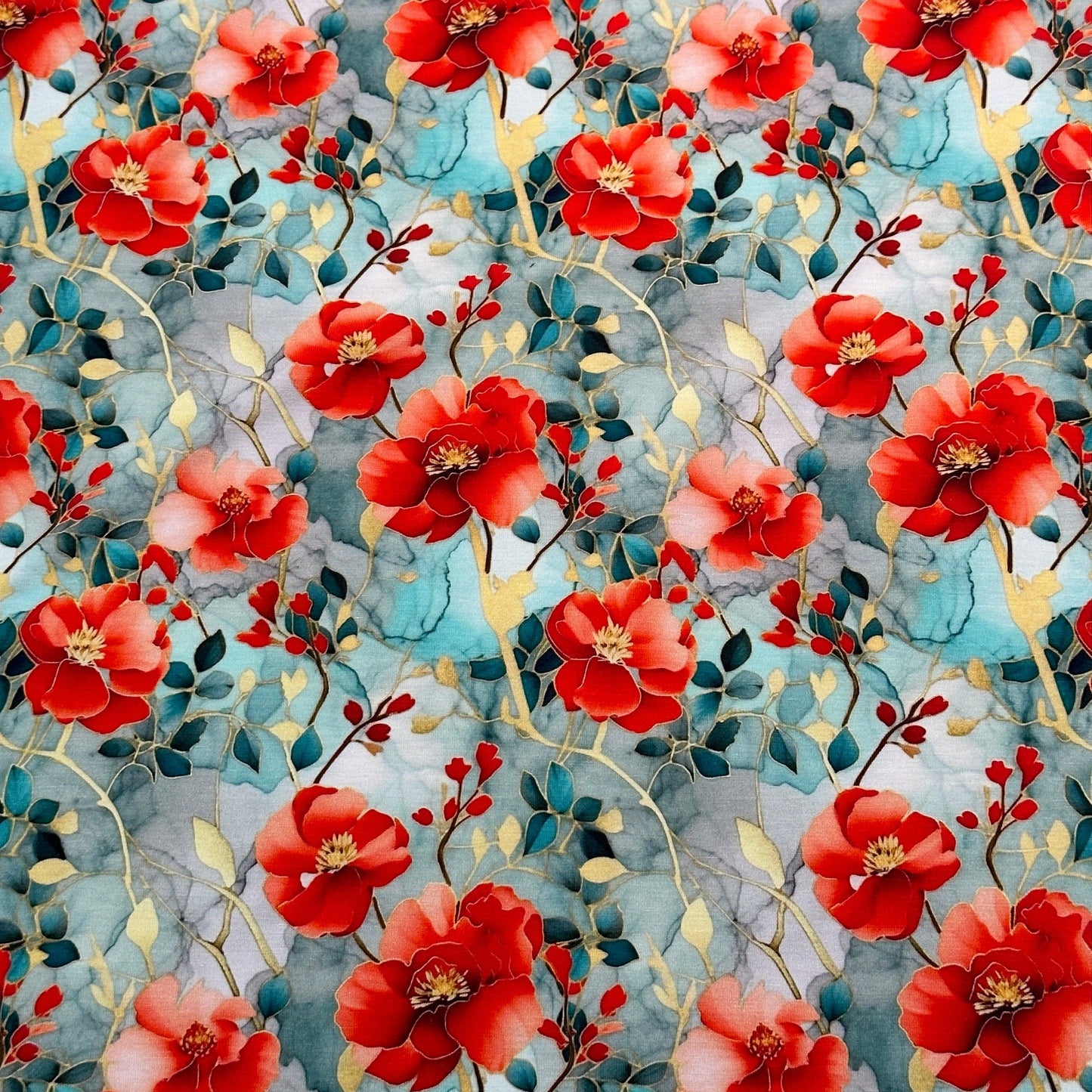 Red Poppies on Mint on Organic Cotton/Spandex Jersey Fabric - Nature's Fabrics