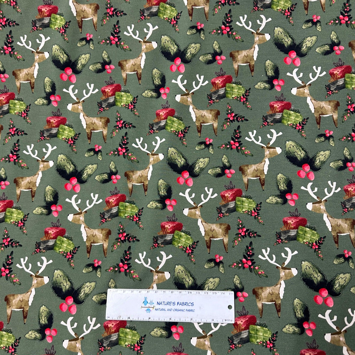 Reindeer Christmas on Green Bamboo/Spandex Jersey Fabric - Nature's Fabrics
