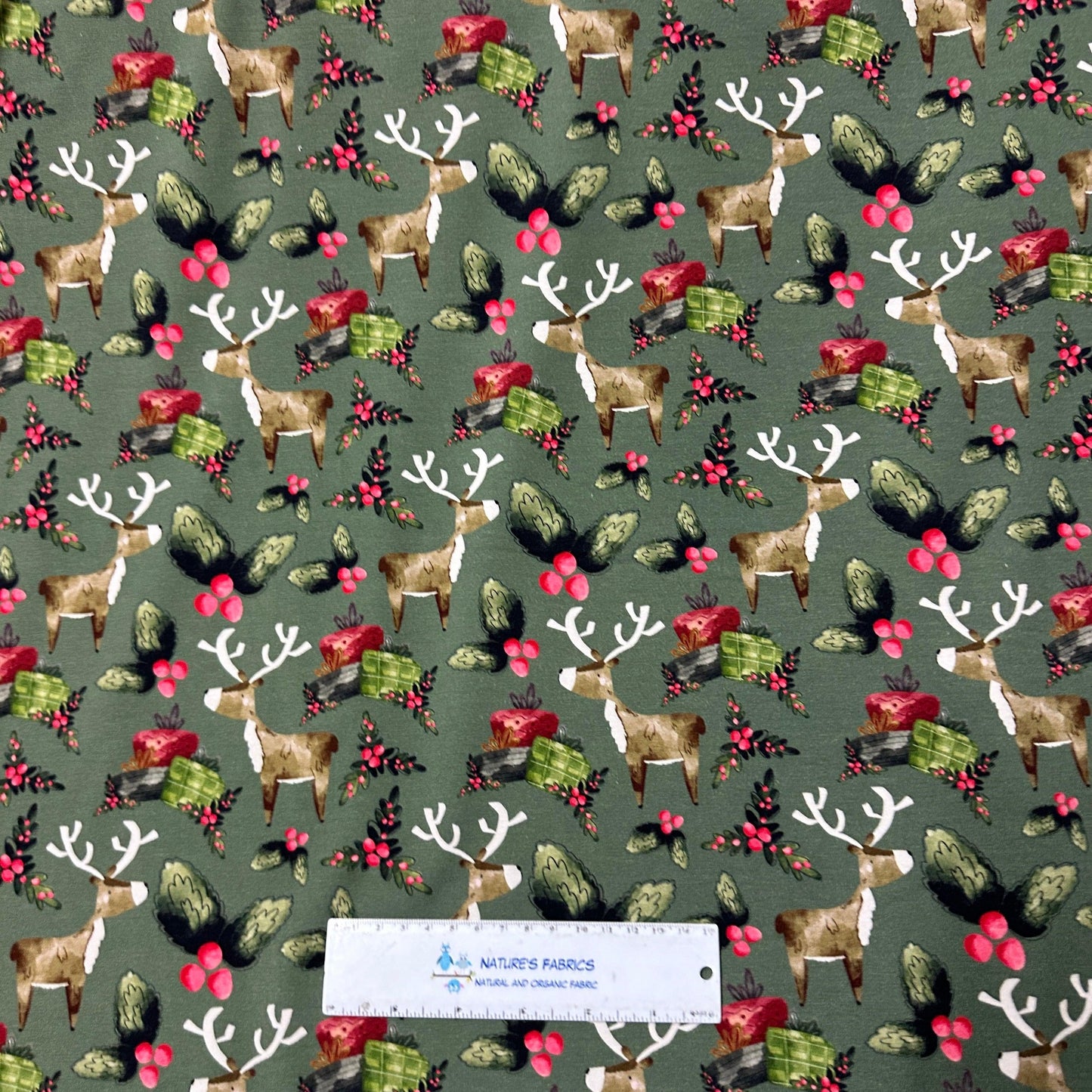 Reindeer Christmas on Green Bamboo/Spandex Jersey Fabric - Nature's Fabrics