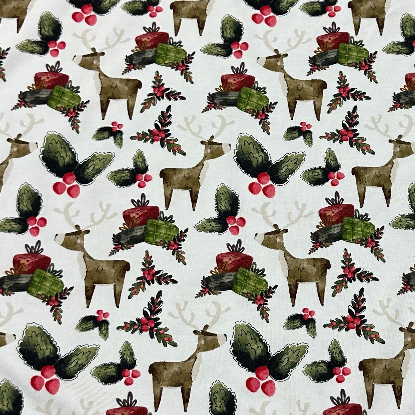 Reindeer Christmas on White Bamboo/Spandex Jersey Fabric - Nature's Fabrics