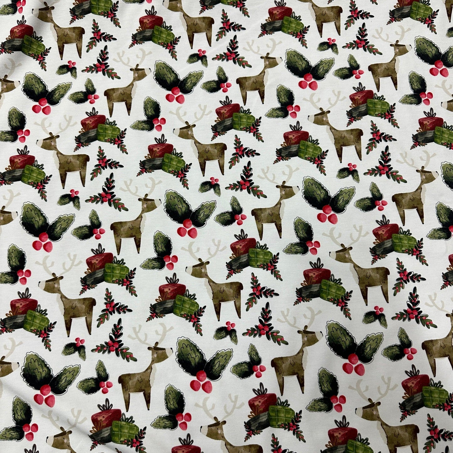 Reindeer Christmas on White Bamboo/Spandex Jersey Fabric - Nature's Fabrics