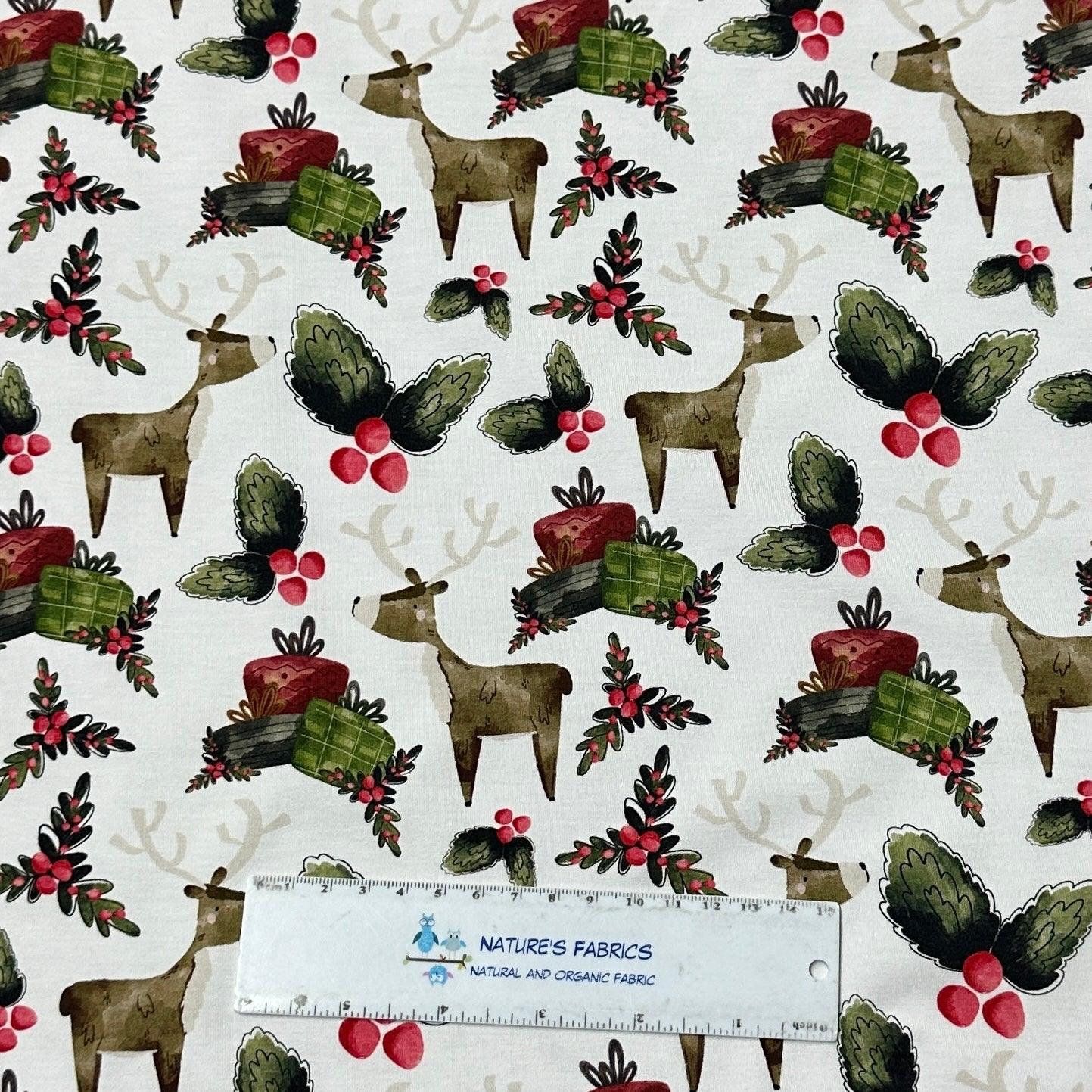 Reindeer Christmas on White Bamboo/Spandex Jersey Fabric - Nature's Fabrics