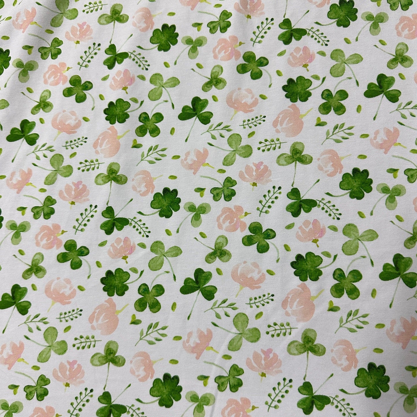 Shamrock and Flowers on White Bamboo/Spandex Jersey Fabric - Nature's Fabrics