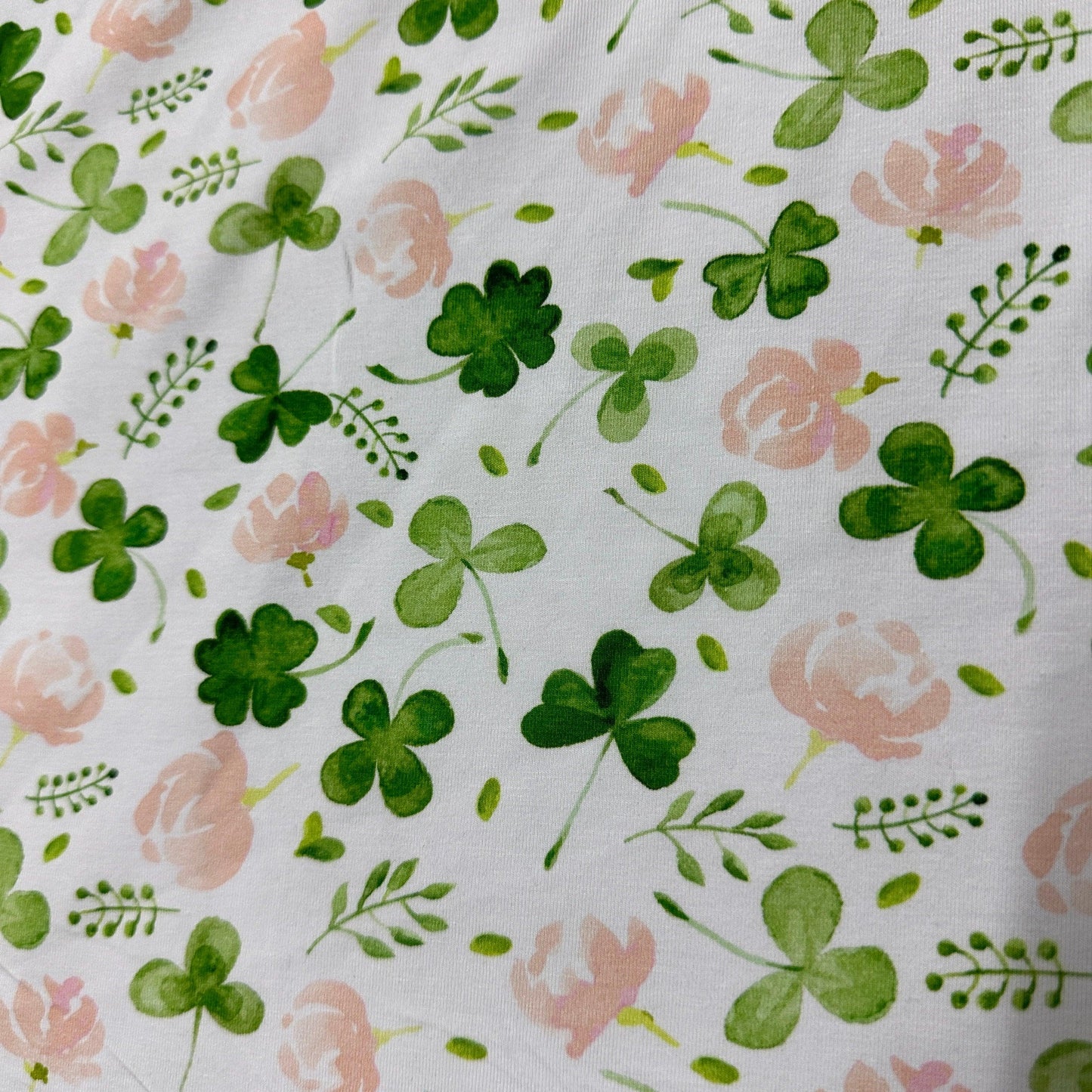 Shamrock and Flowers on White Bamboo/Spandex Jersey Fabric - Nature's Fabrics