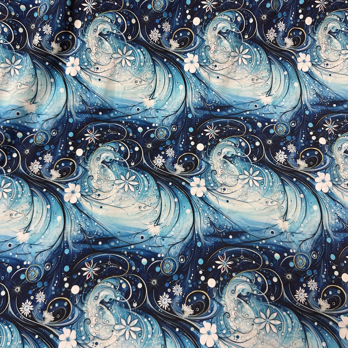 Snow Flower Swirls on Bamboo/Spandex Jersey Fabric - Nature's Fabrics