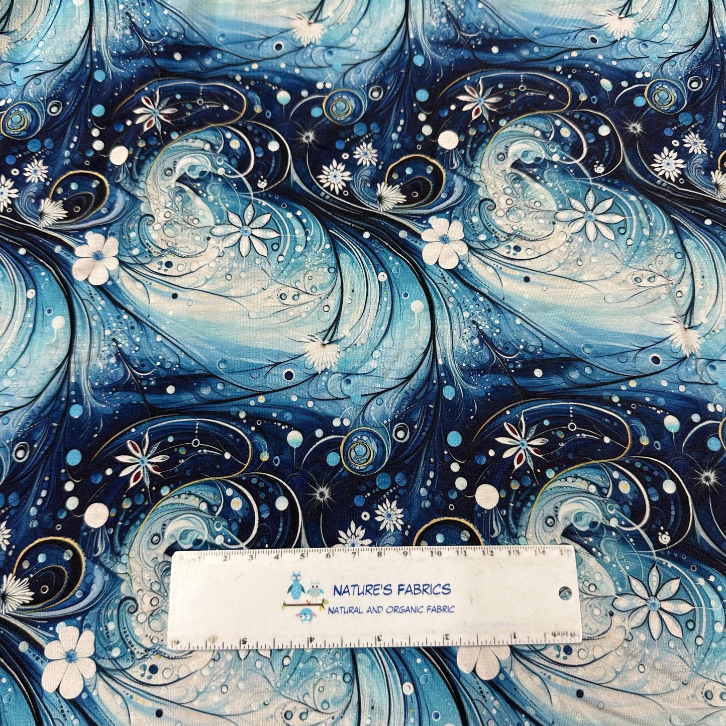 Snow Flower Swirls on Bamboo/Spandex Jersey Fabric - Nature's Fabrics