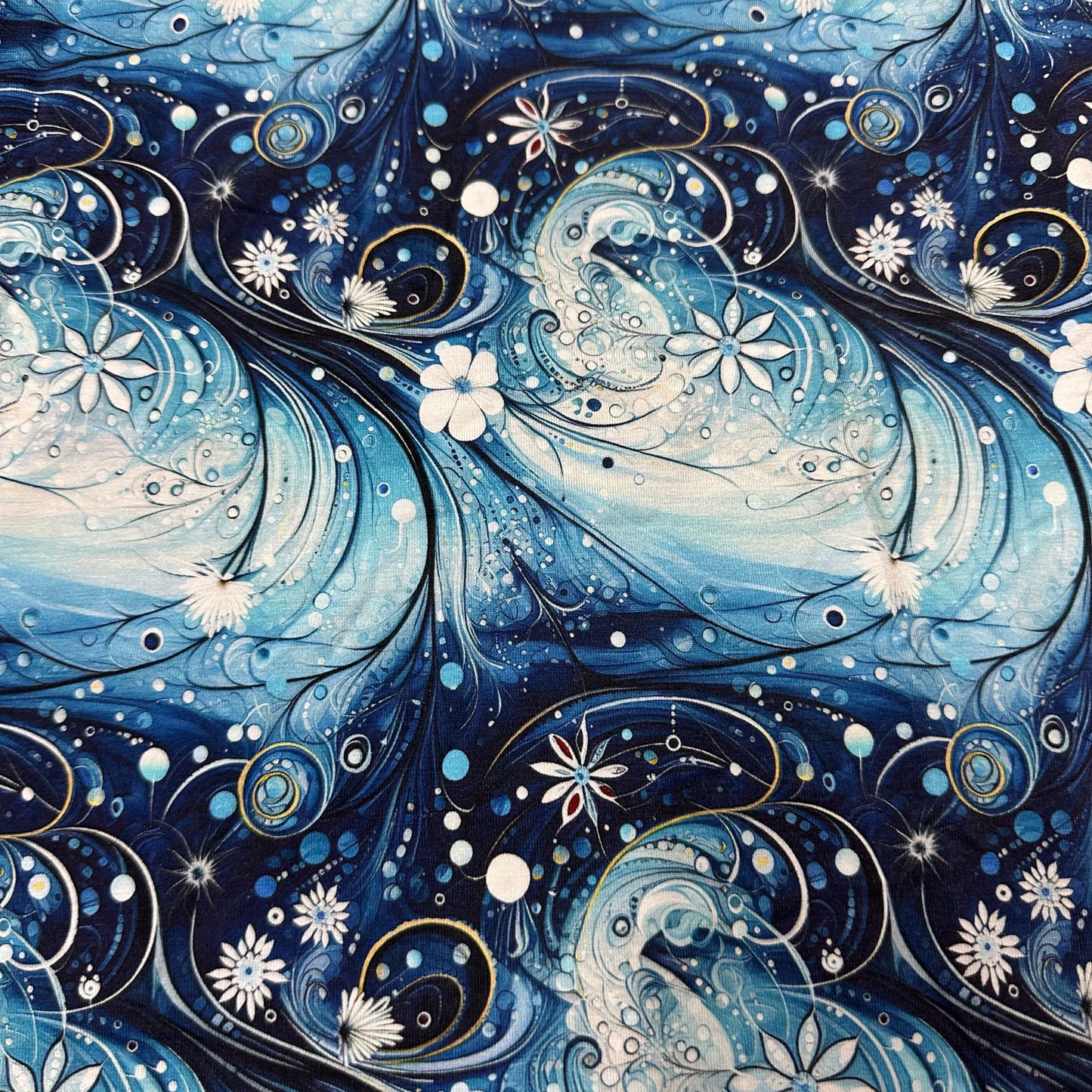 Snow Flower Swirls on Bamboo/Spandex Jersey Fabric - Nature's Fabrics