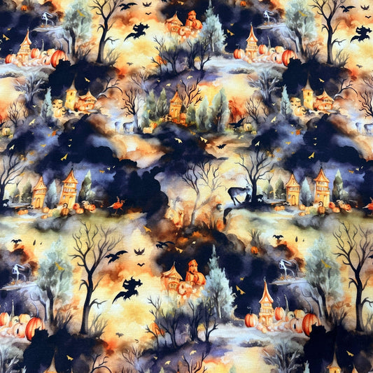 Nature's Fabrics Halloween print with spooky houses, pumpkins, and witches in a dark forest.