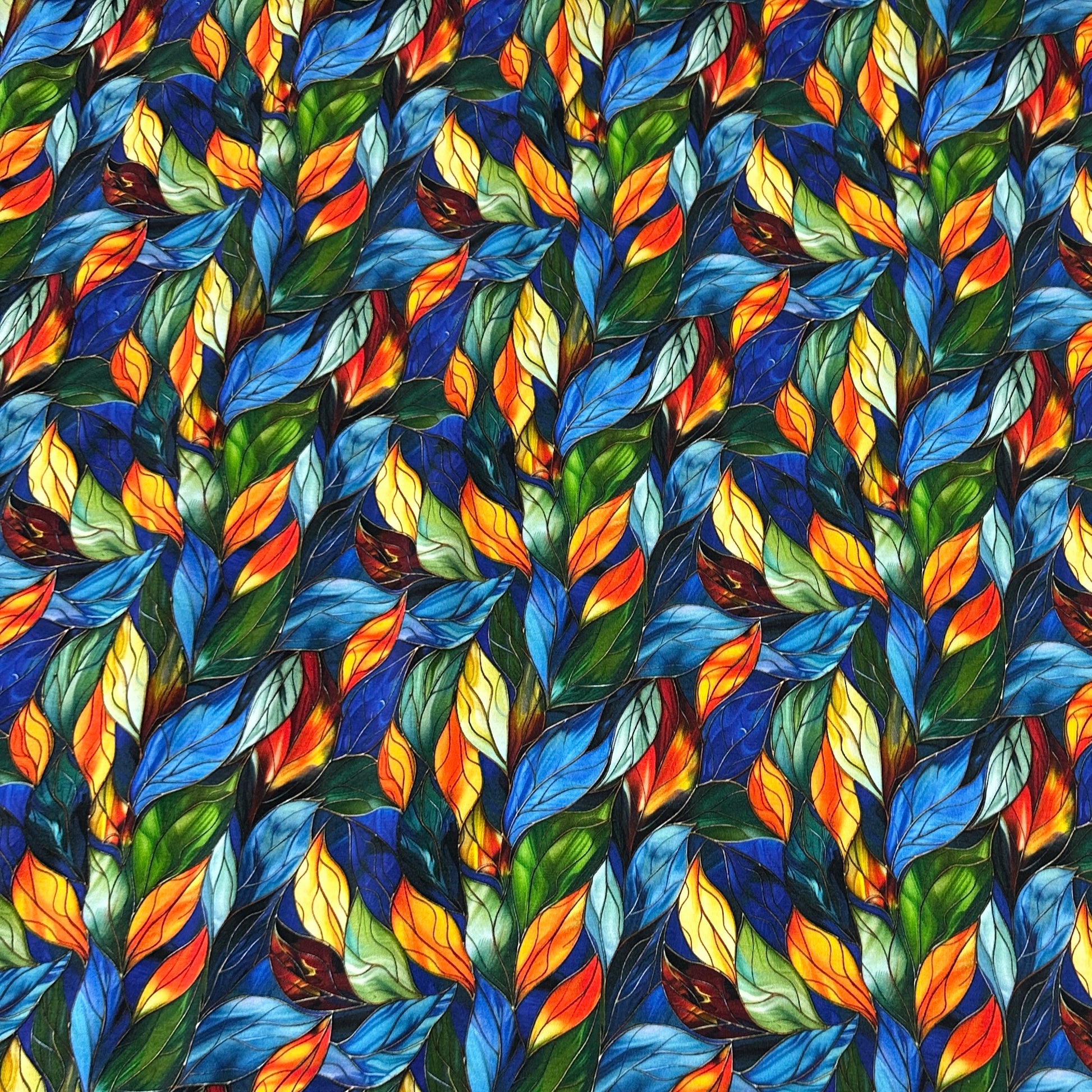 Stained Glass Blue Leaves on Bamboo/Spandex Jersey Fabric - Nature's Fabrics