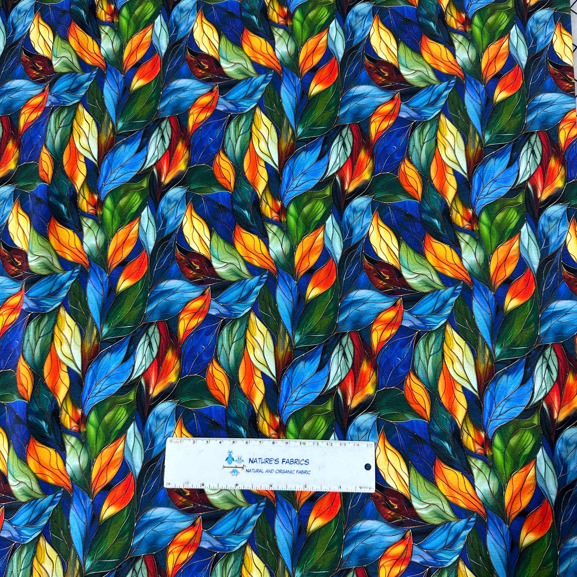 Stained Glass Blue Leaves on Bamboo/Spandex Jersey Fabric - Nature's Fabrics