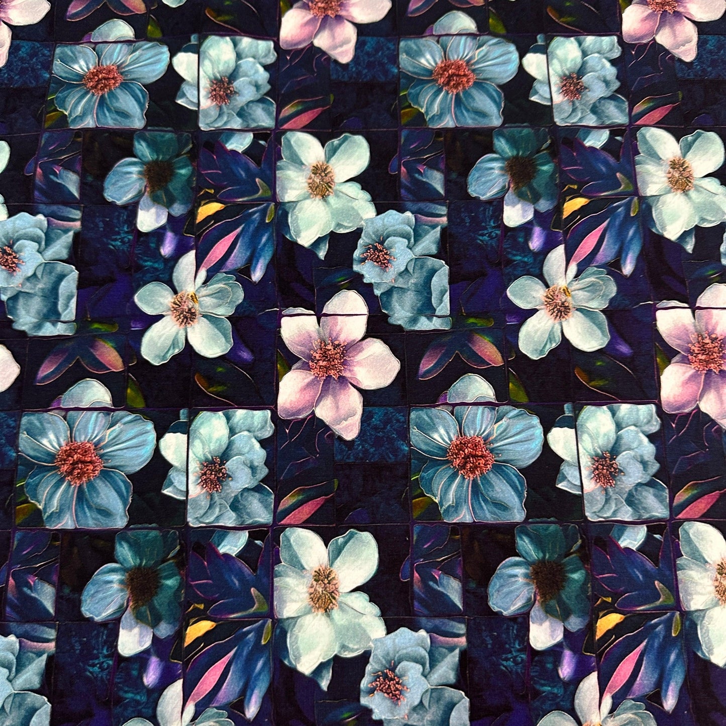 Stained Glass Dogwood Flowers on Bamboo/Spandex Jersey Fabric - Nature's Fabrics