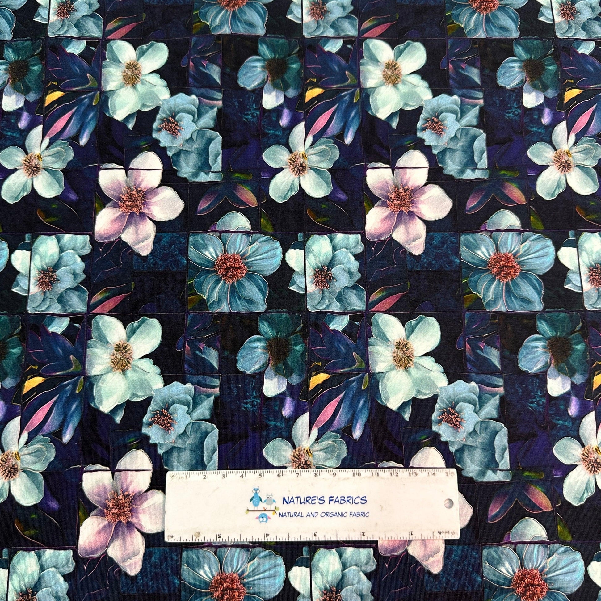 Stained Glass Dogwood Flowers on Bamboo/Spandex Jersey Fabric - Nature's Fabrics