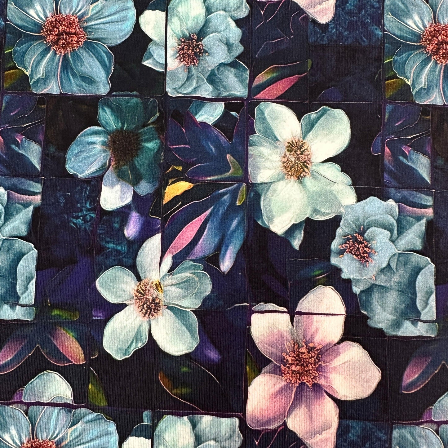 Stained Glass Dogwood Flowers on Bamboo/Spandex Jersey Fabric - Nature's Fabrics