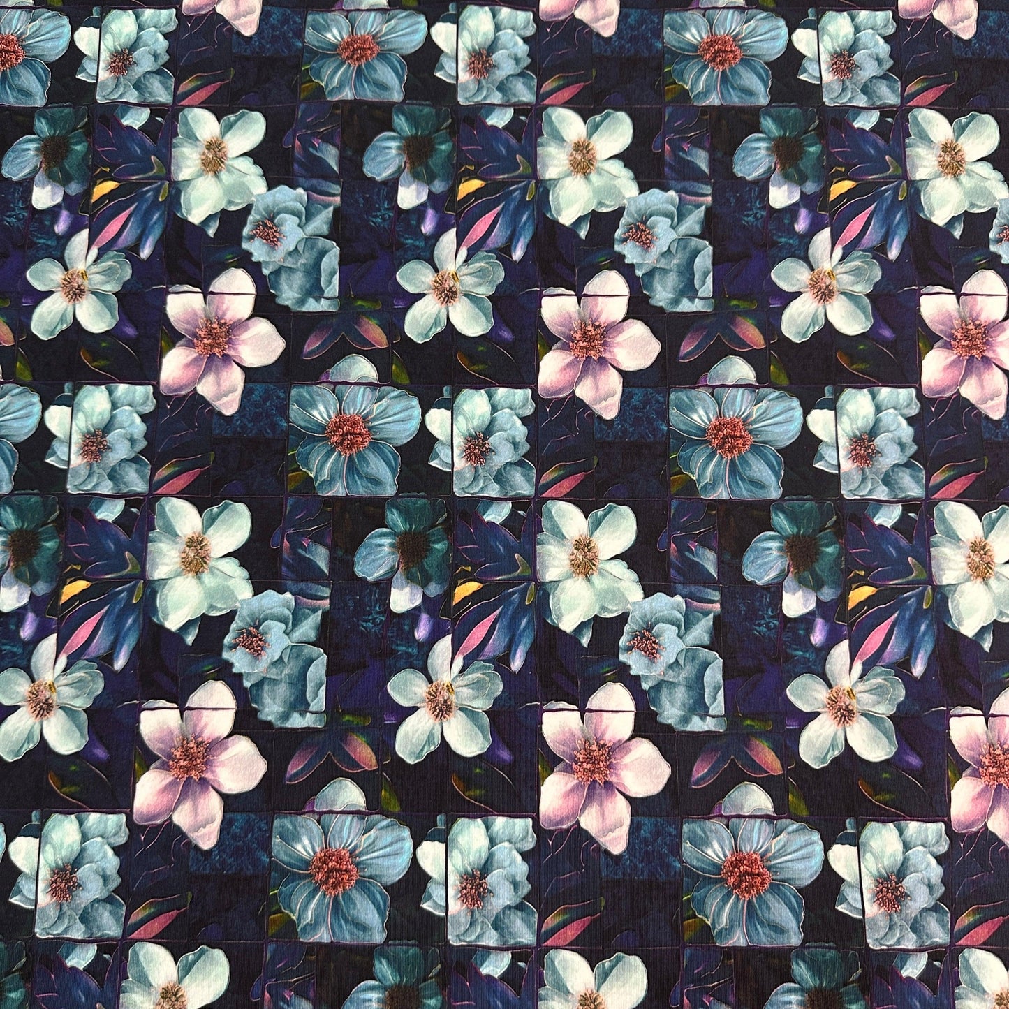 Stained Glass Dogwood Flowers on Bamboo/Spandex Jersey Fabric - Nature's Fabrics