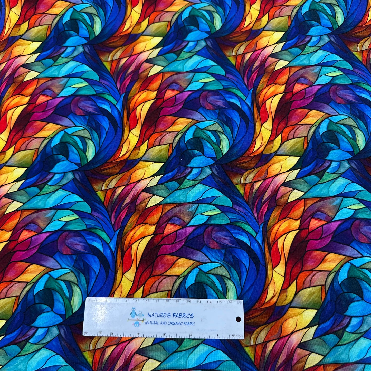 Stained Glass Feathers on Bamboo/Spandex Jersey Fabric - Nature's Fabrics