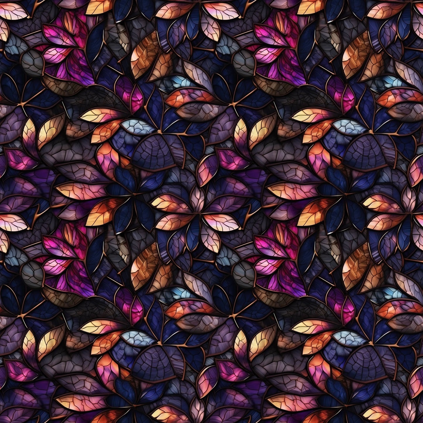 Stained Glass Jewel Tone Leaves on Bamboo Stretch French Terry Fabric - Nature's Fabrics