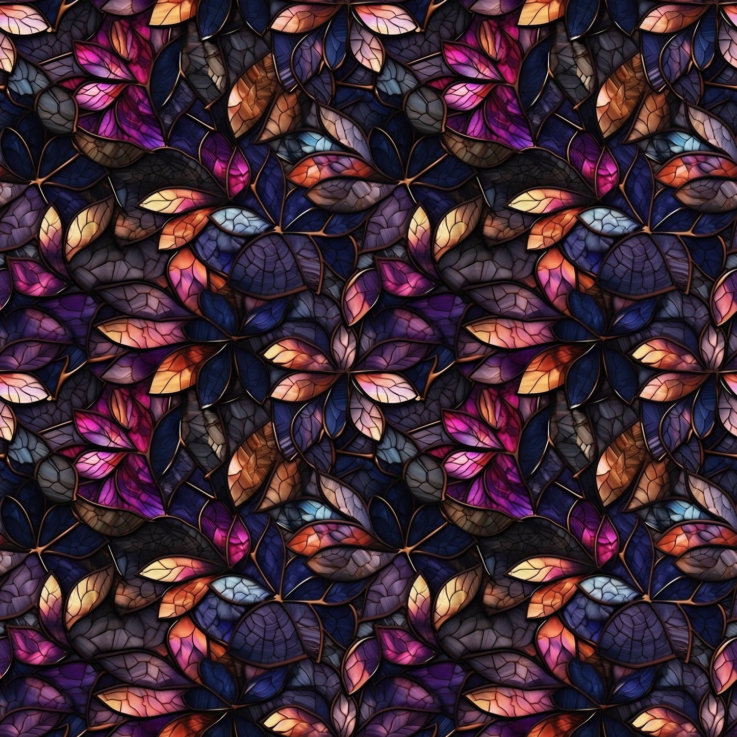 Stained Glass Jewel Tone Leaves on Bamboo/Spandex Jersey Fabric - Nature's Fabrics