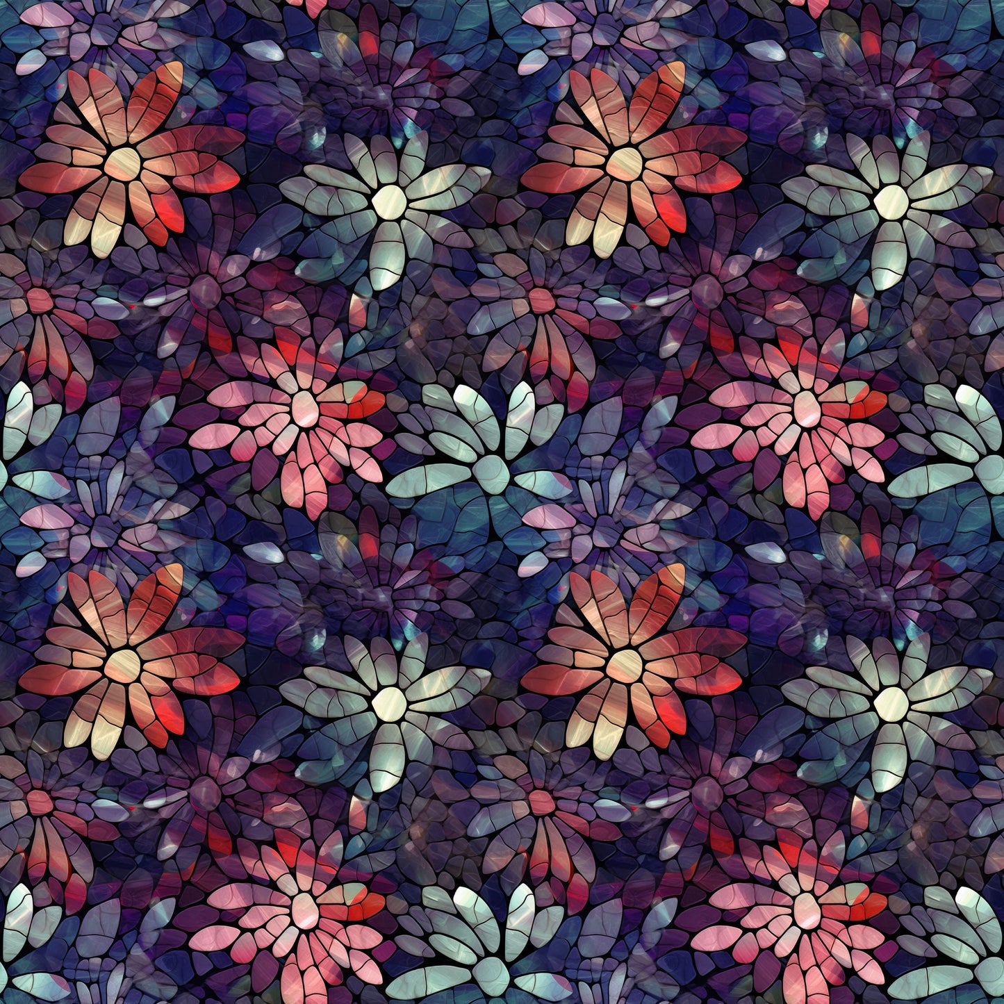Stained Glass Pink, Purple and Mint Flowers on Bamboo Stretch French Terry Fabric - Nature's Fabrics