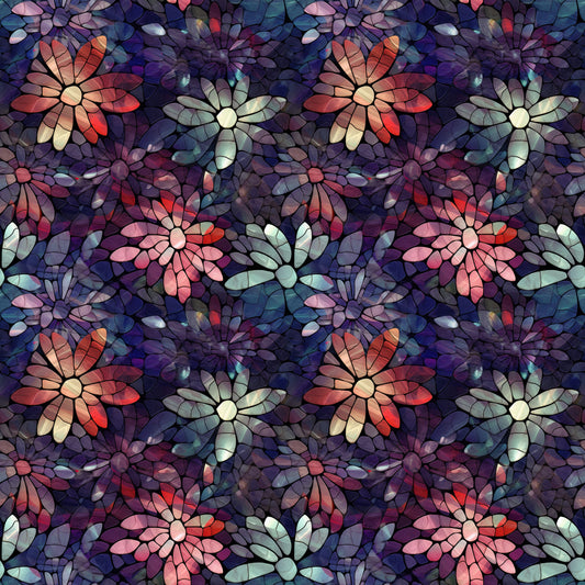 Stained Glass Pink, Purple and Mint Flowers on Bamboo Stretch French Terry Fabric - Nature's Fabrics