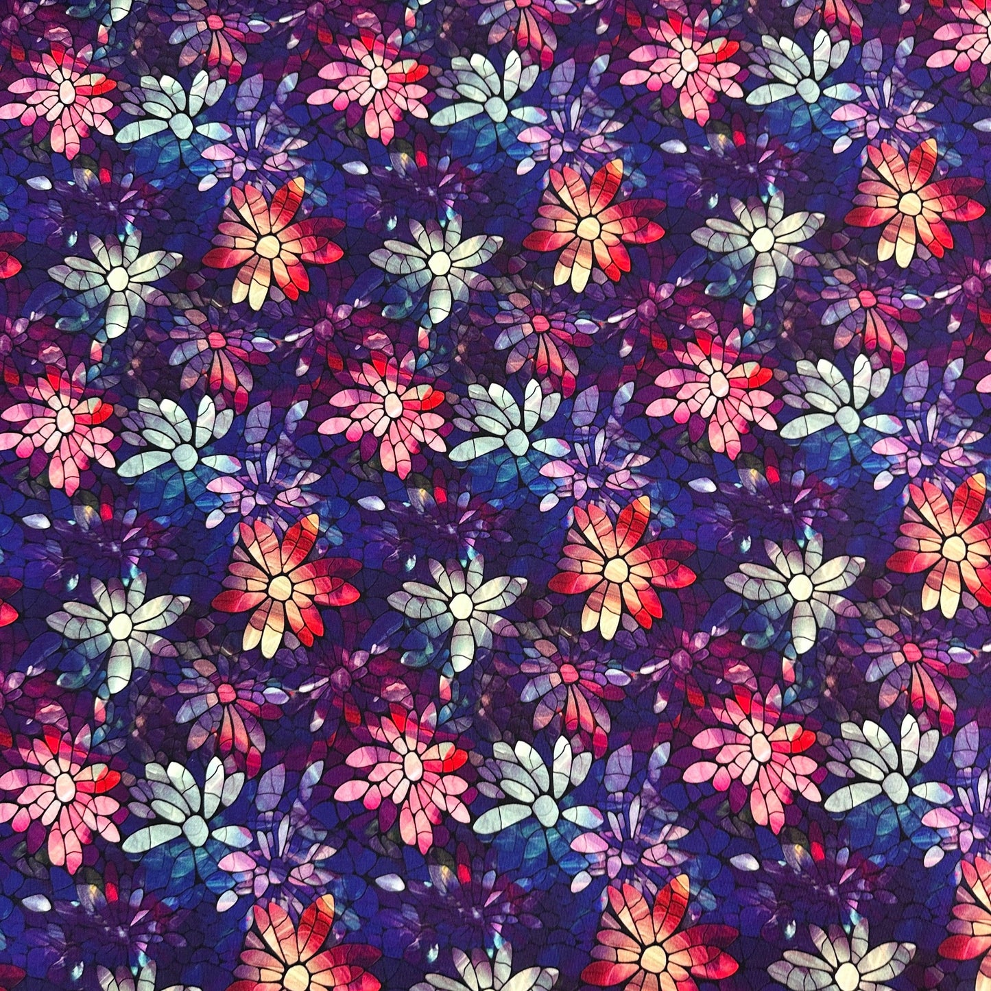 Stained Glass Pink, Purple and Mint Flowers on Organic Cotton/Spandex Jersey Fabric - Nature's Fabrics