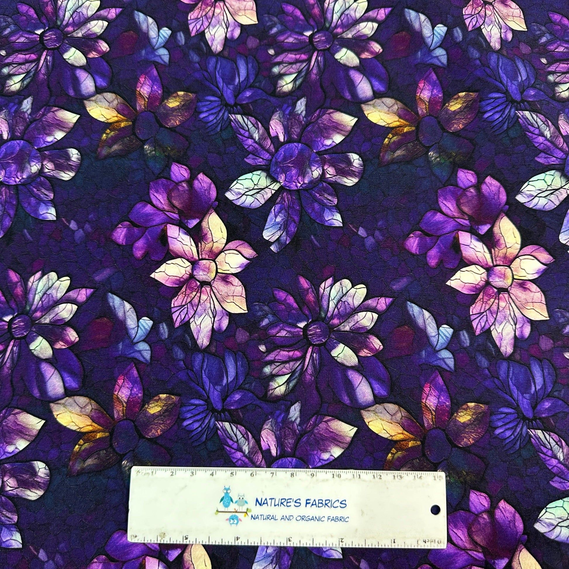 Stained Glass Purple Flowers on Bamboo/Spandex Jersey Fabric - Nature's Fabrics