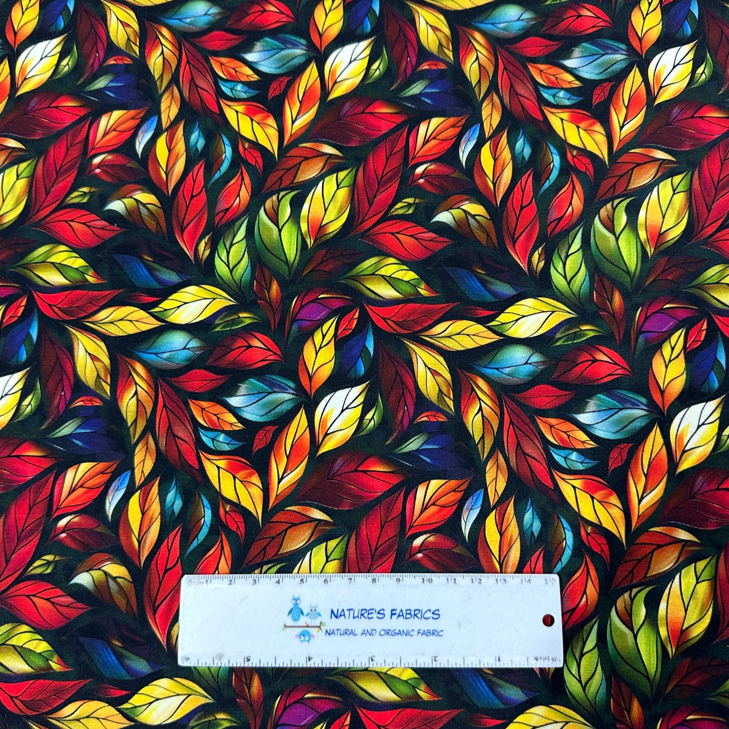Stained Glass Red Leaves on Bamboo/Spandex Jersey Fabric - Nature's Fabrics