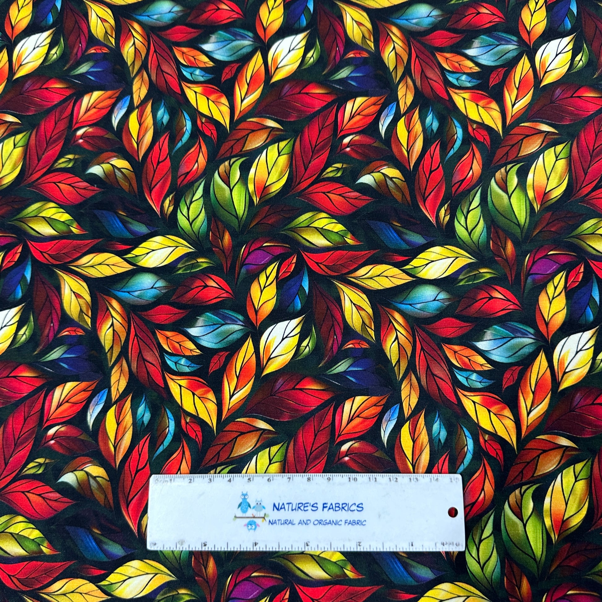 Stained Glass Red Leaves on Bamboo/Spandex Jersey Fabric - Nature's Fabrics
