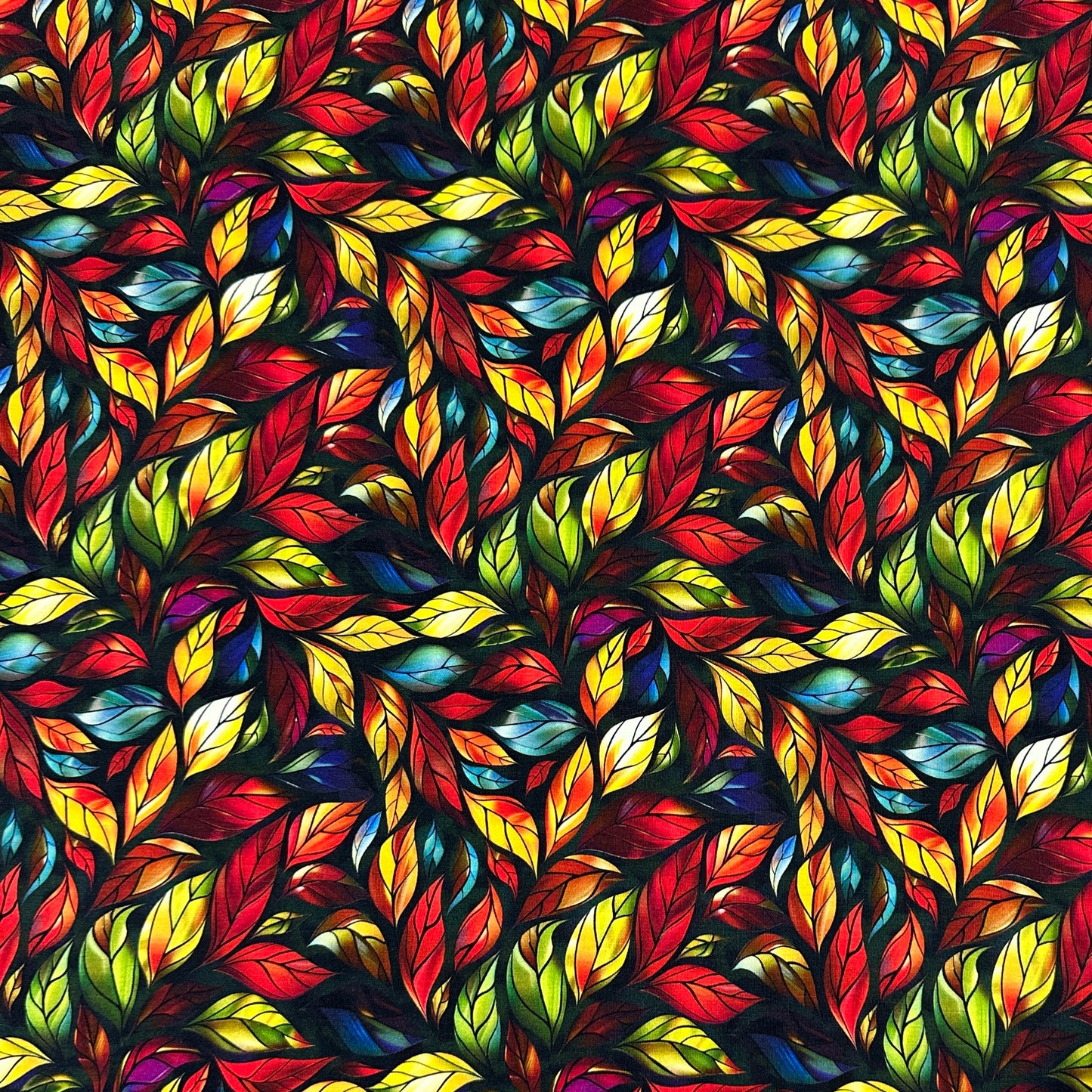 Stained Glass Red Leaves on Bamboo/Spandex Jersey Fabric - Nature's Fabrics