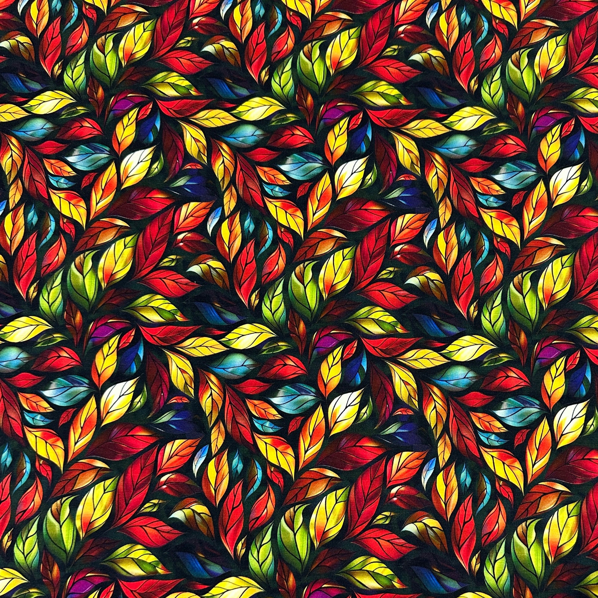 Stained Glass Red Leaves on Bamboo/Spandex Jersey Fabric - Nature's Fabrics