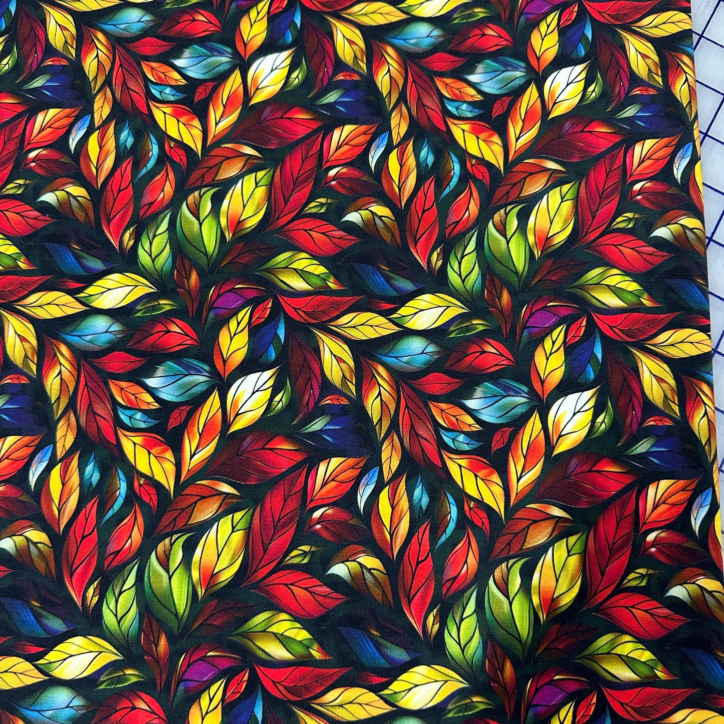 Stained Glass Red Leaves on Bamboo/Spandex Jersey Fabric - Nature's Fabrics