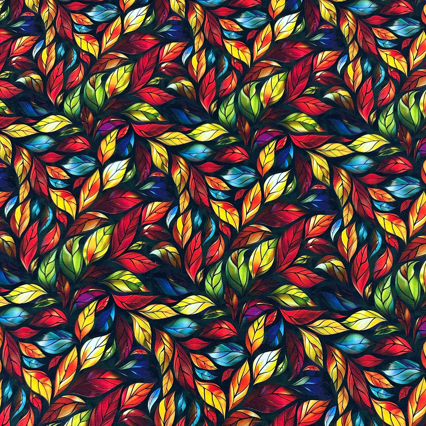 Stained Glass Red Leaves on Bamboo/Spandex Jersey Fabric - Nature's Fabrics