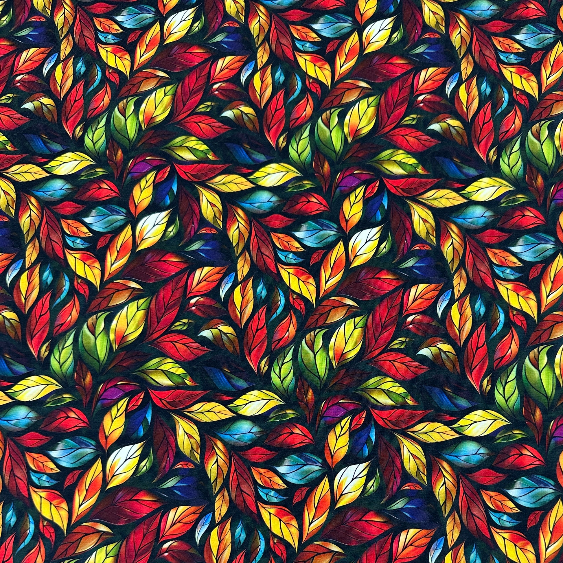 Stained Glass Red Leaves on Bamboo/Spandex Jersey Fabric - Nature's Fabrics