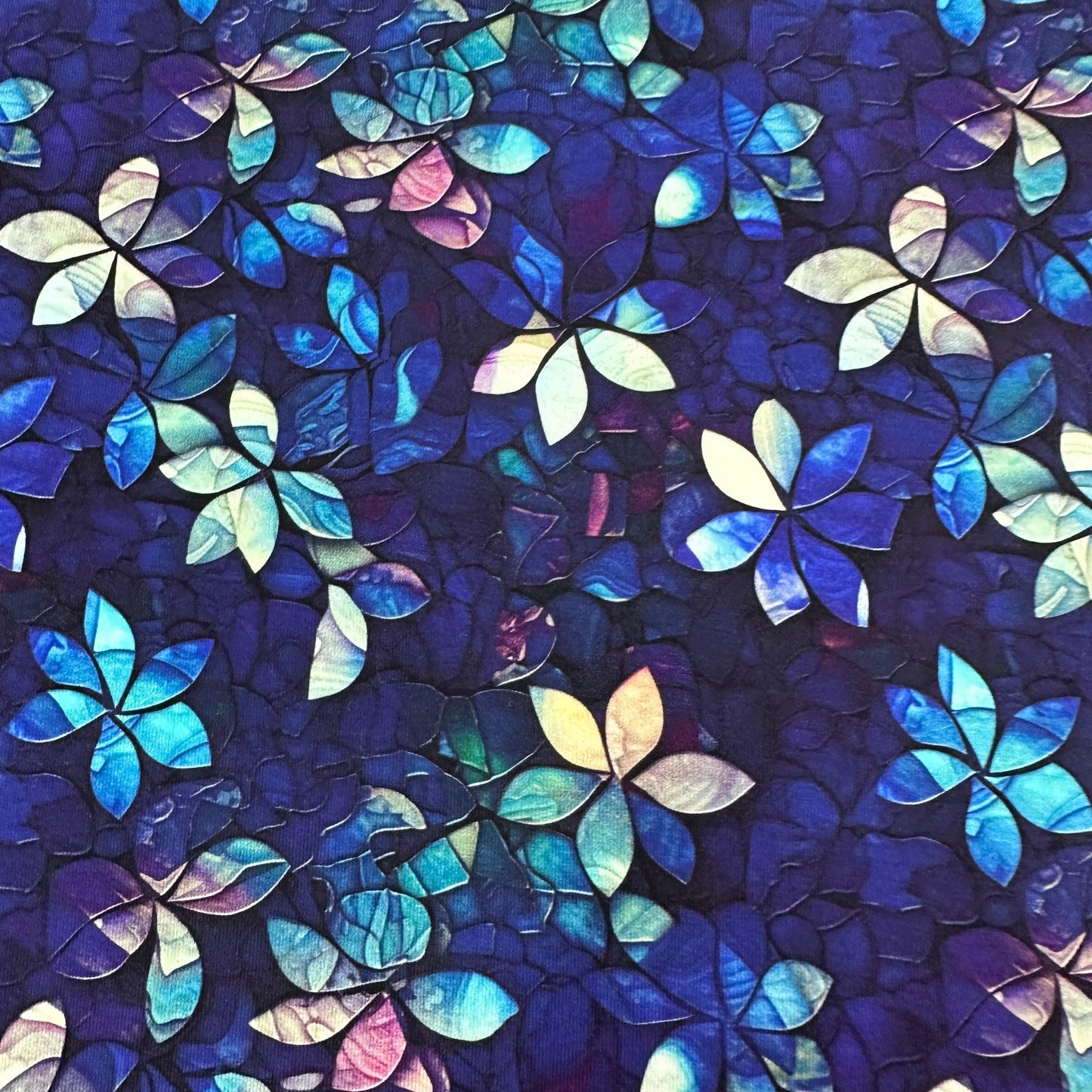 Stained Glass Royal Blue Flowers on Bamboo Stretch French Terry Fabric - Nature's Fabrics