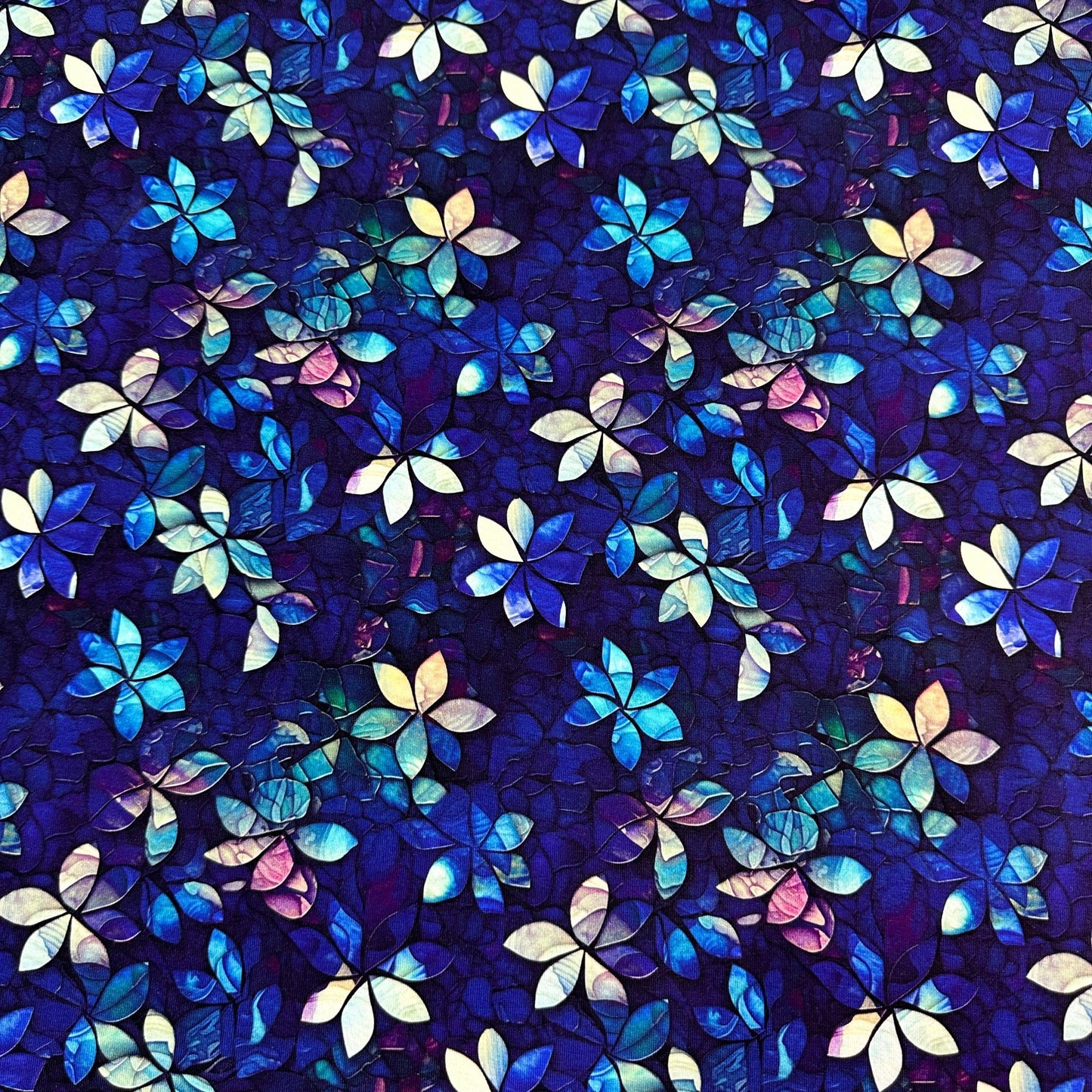 Stained Glass Royal Blue Flowers on Bamboo Stretch French Terry Fabric - Nature's Fabrics