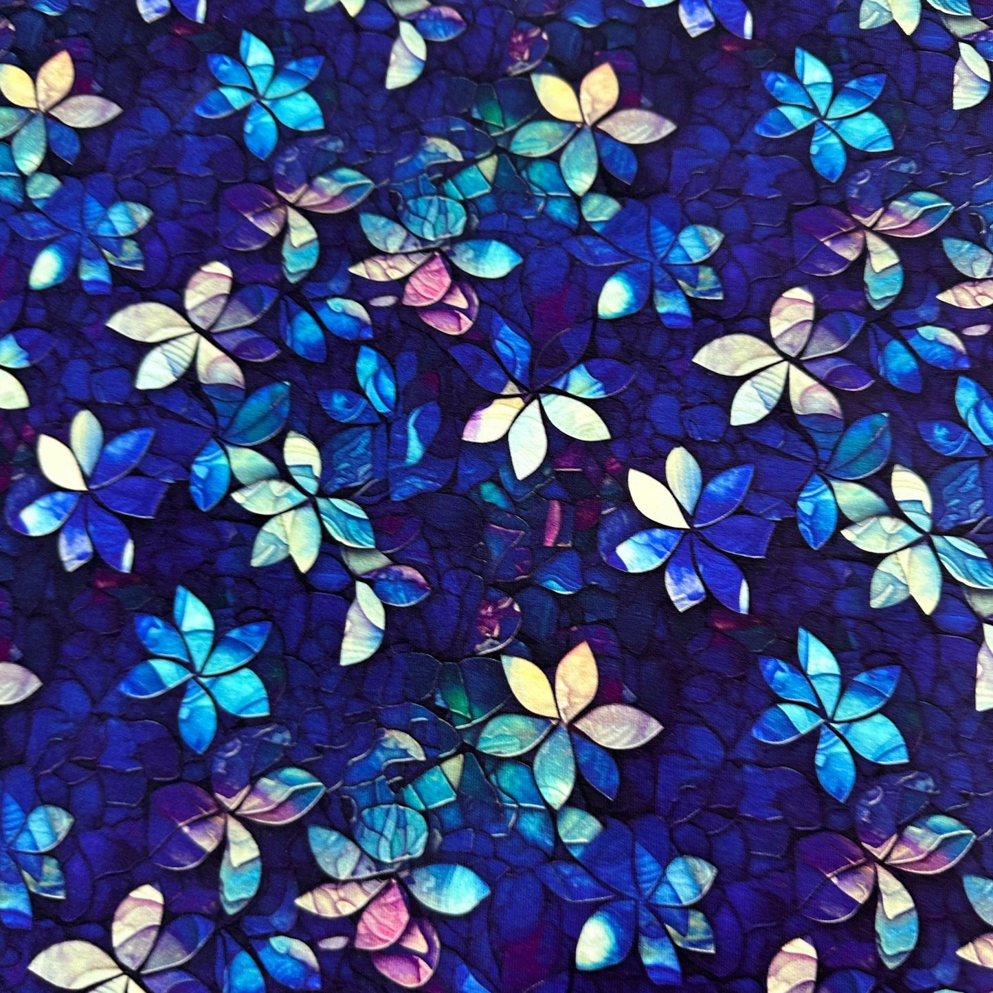 Stained Glass Royal Blue Flowers on Bamboo Stretch French Terry Fabric - Nature's Fabrics