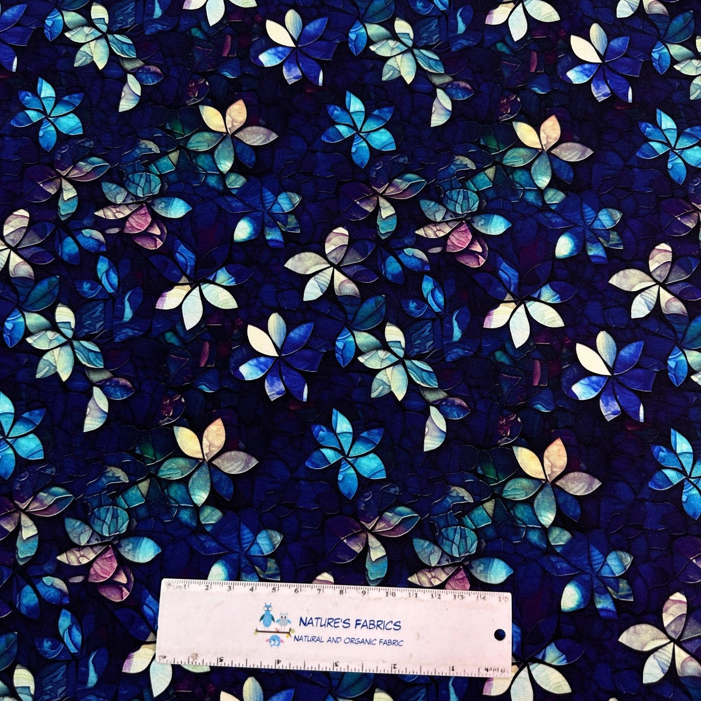 Stained Glass Royal Blue Flowers on Organic Cotton/Spandex Jersey Fabric - Nature's Fabrics