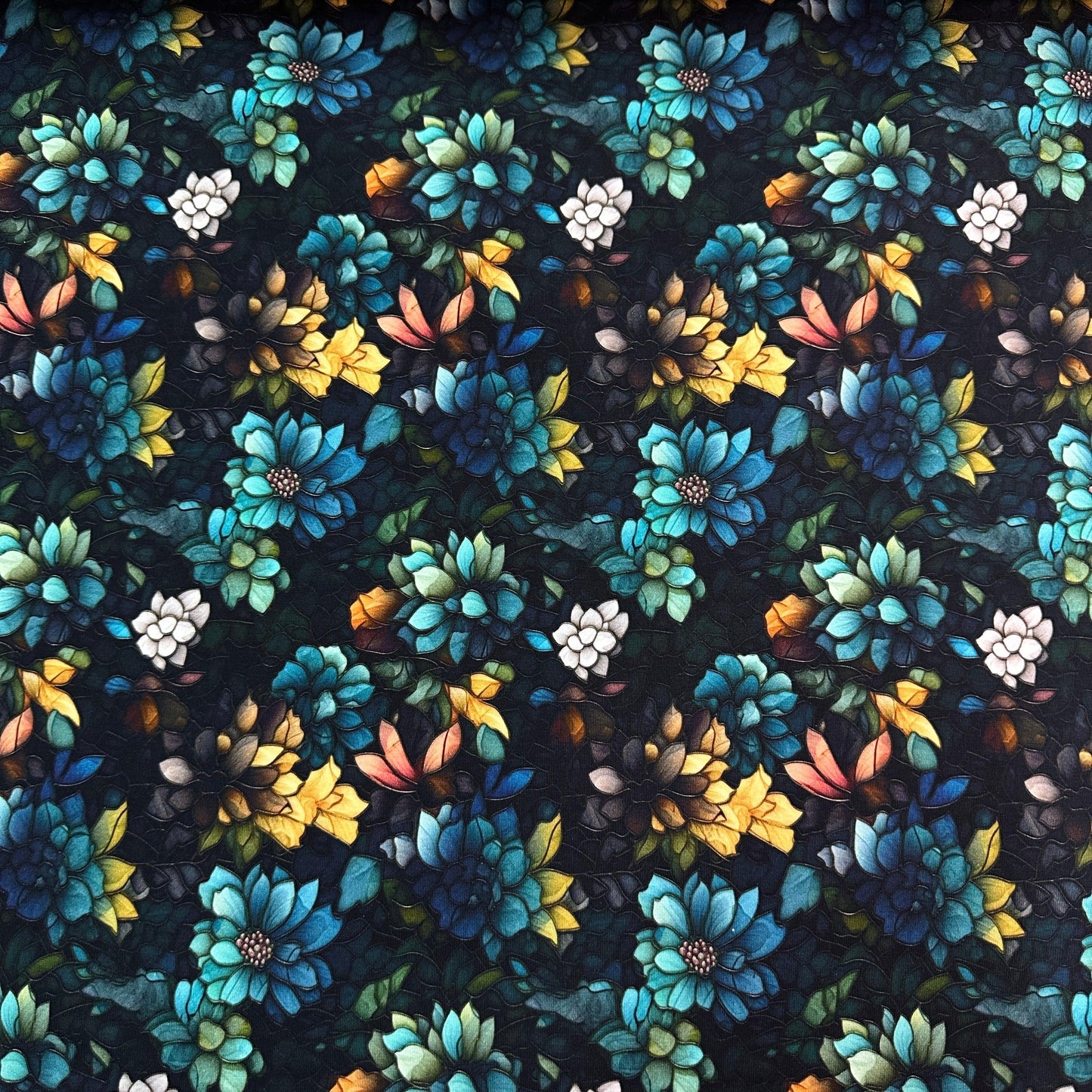 Stained Glass Teal and Gold Flowers on Bamboo/Spandex Jersey Fabric - Nature's Fabrics