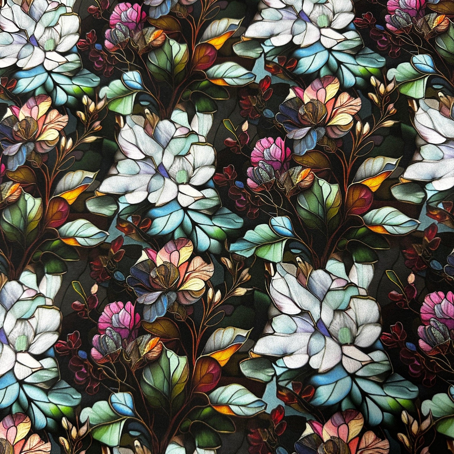 Stained Glass Water Lilies on Polyester/Spandex Jersey Fabric - Nature's Fabrics