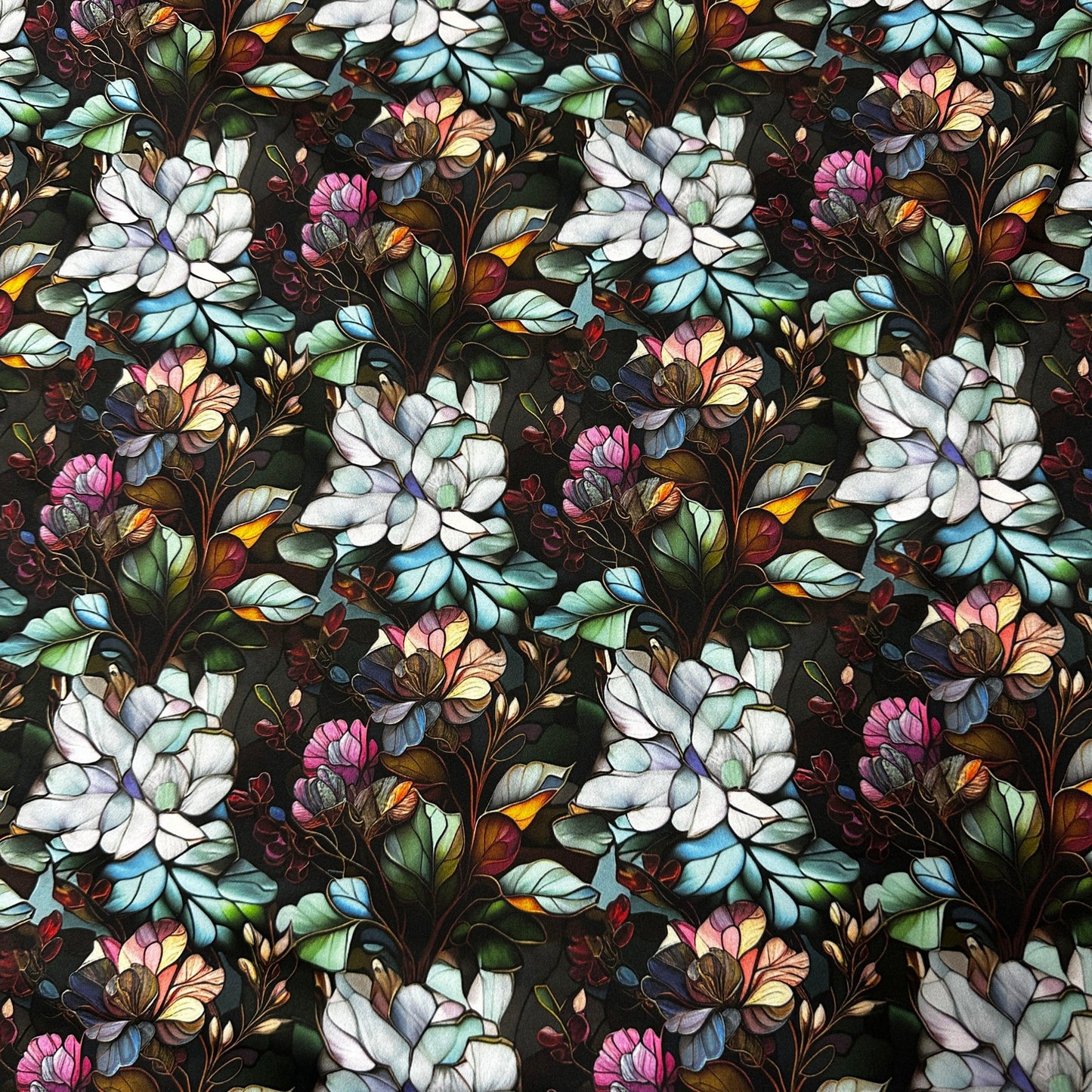 Stained Glass Water Lilies on Polyester/Spandex Jersey Fabric - Nature's Fabrics