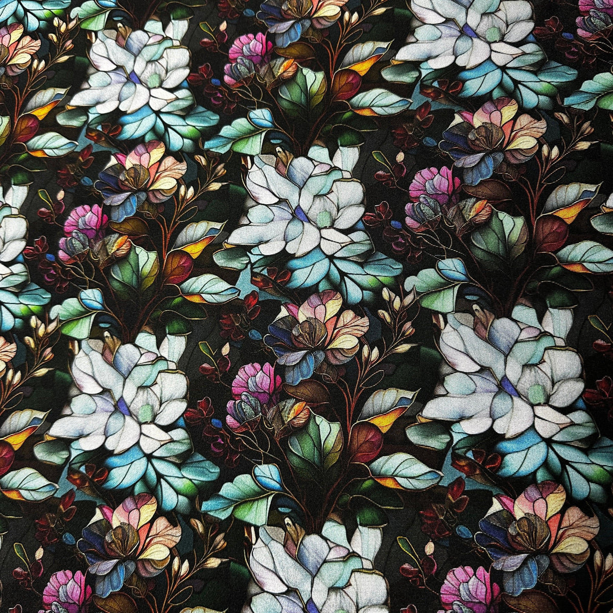 Stained Glass Water Lilies on Polyester/Spandex Tricot Fabric - Nature's Fabrics
