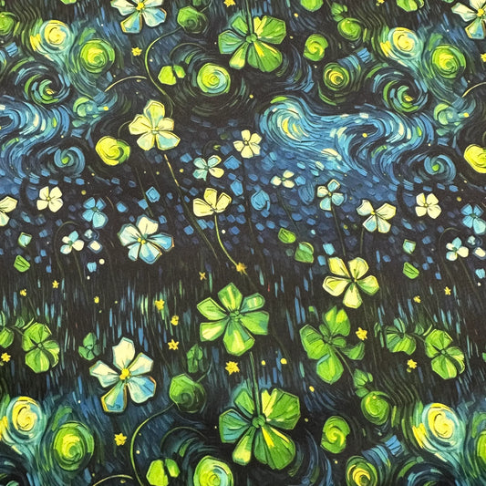 Nature's Fabrics textile with a starry night floral pattern of green and white clover flowers.