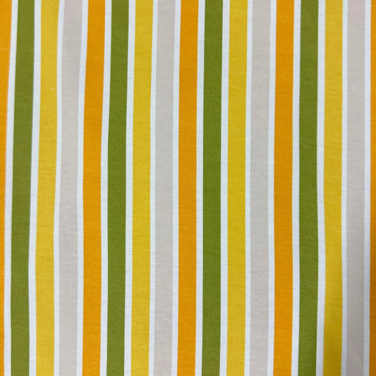 Nature's Fabrics yellow, green, and white vertical striped organic cotton fabric.