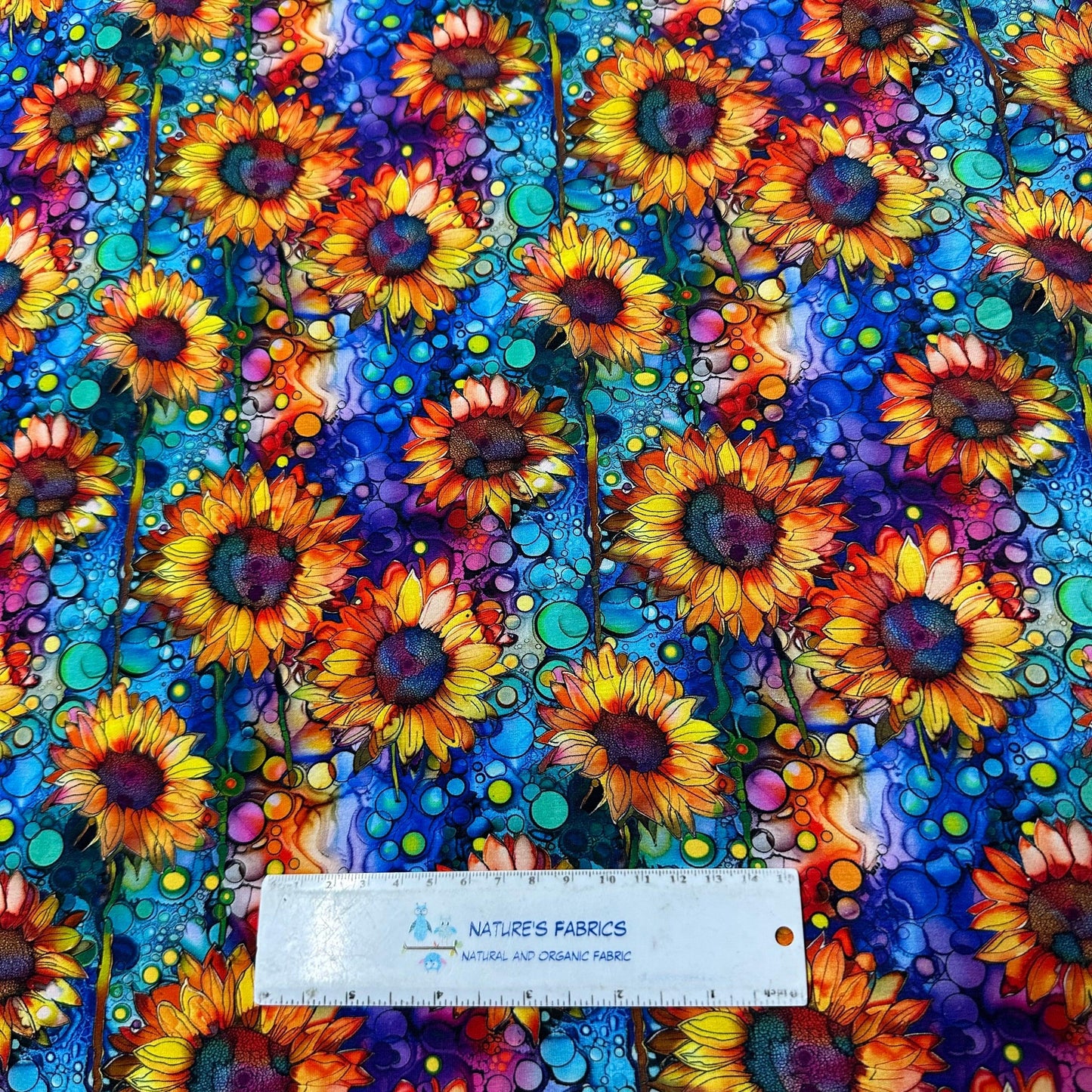 Sunflower Alcohol Ink on Bamboo/Spandex Jersey Fabric - Nature's Fabrics
