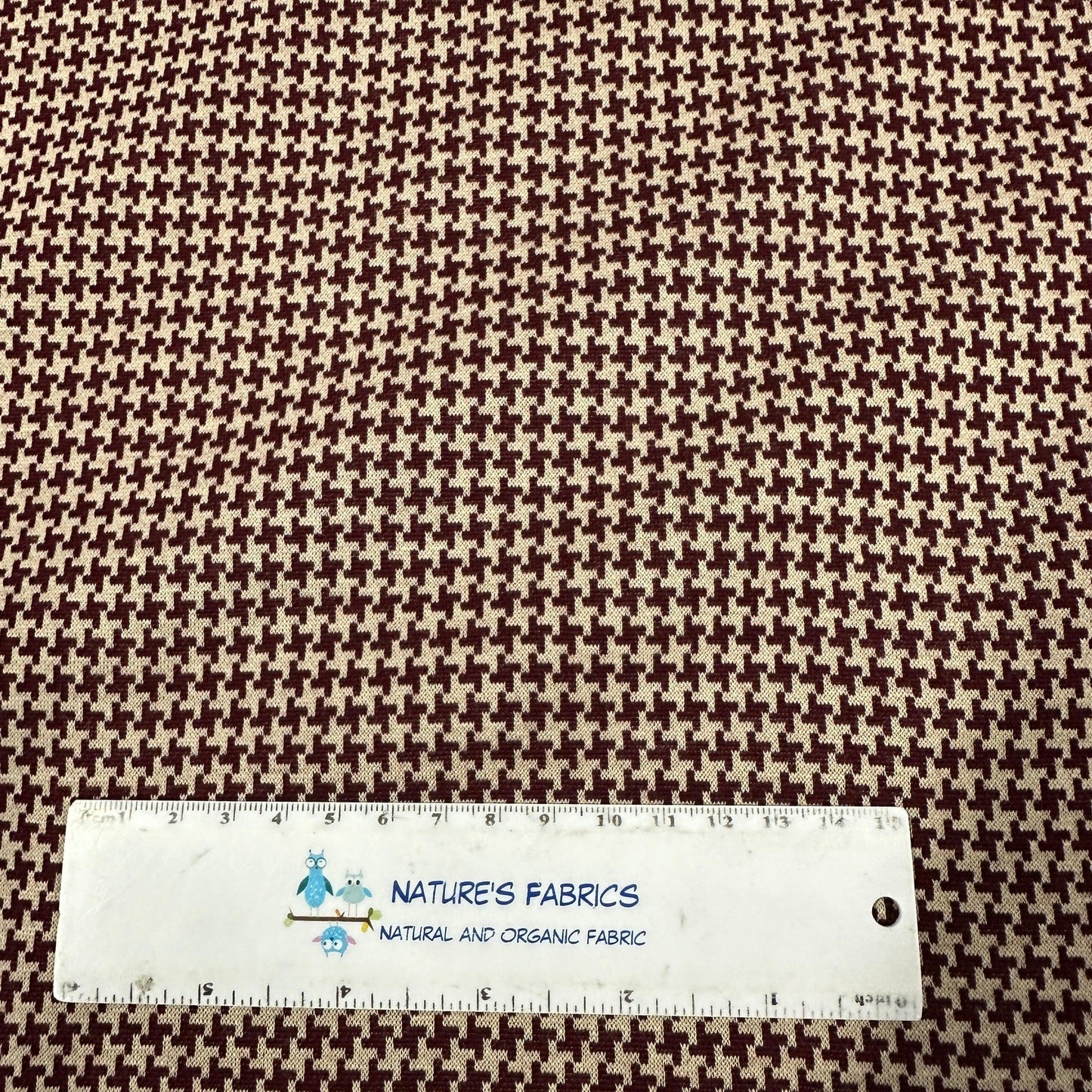 Taupe and Burgundy Houndstooth Merino Wool Interlock Blend Fabric - Nature's Fabrics