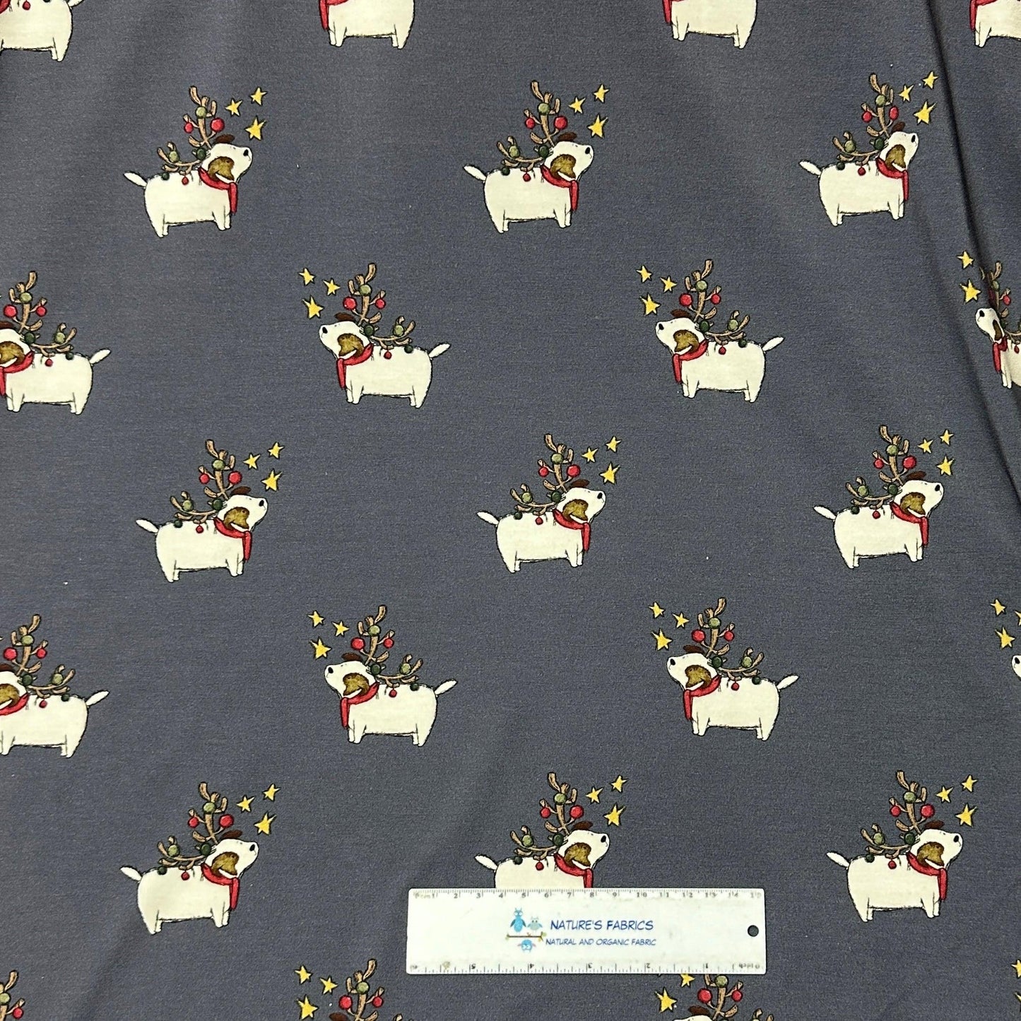 Terrier Christmas on Blue Bamboo/Spandex Jersey Fabric - Nature's Fabrics