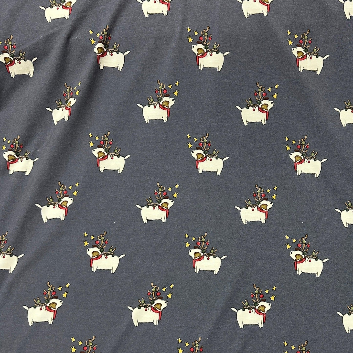 Terrier Christmas on Blue Bamboo/Spandex Jersey Fabric - Nature's Fabrics