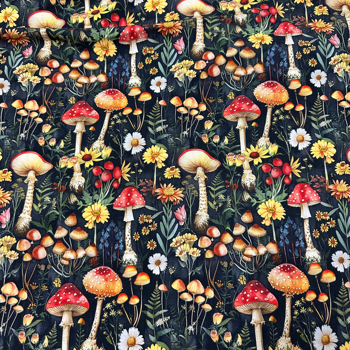 Toadstools and Daisies on Bamboo/Spandex Jersey Fabric - Nature's Fabrics