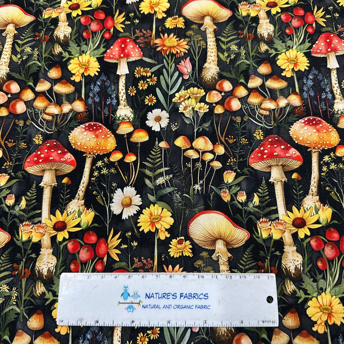 Toadstools and Daisies on Bamboo/Spandex Jersey Fabric - Nature's Fabrics