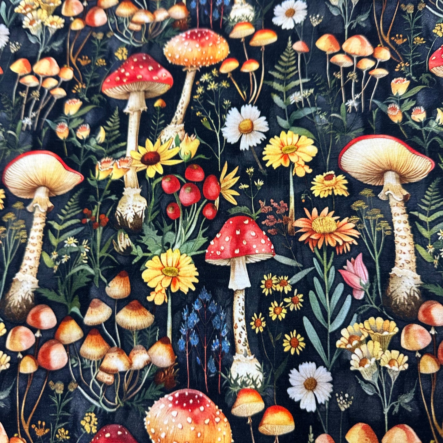 Toadstools and Daisies on Bamboo/Spandex Jersey Fabric - Nature's Fabrics
